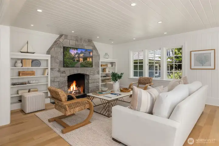 Inviting living space anchored by a fireplace. Inviting living space anchored by a fireplace.