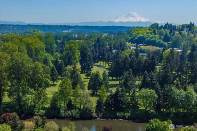The Duwamish River and Foster Golf Course with Beautiful Mt. Rainier in the background.