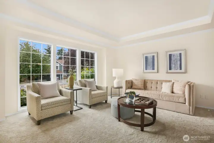 As you enter the home, you are greeted with a large (this picture doesn't capture the whole room) formal living room with recessed ceiling and crown molding.