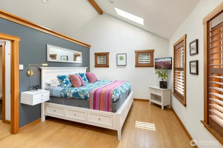 Primary Bedroom on main level with 2 skylights. Tons of natural light all times of the year.