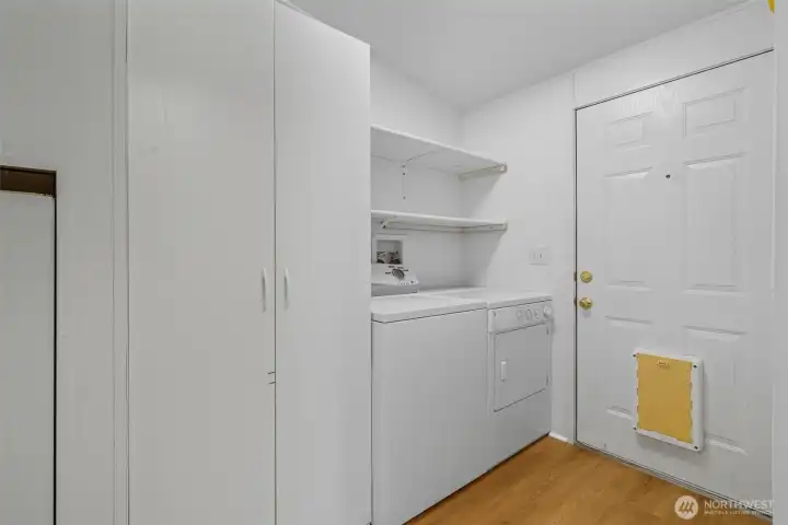 Utility room, storage cabinet and furnace on left, door to back deck