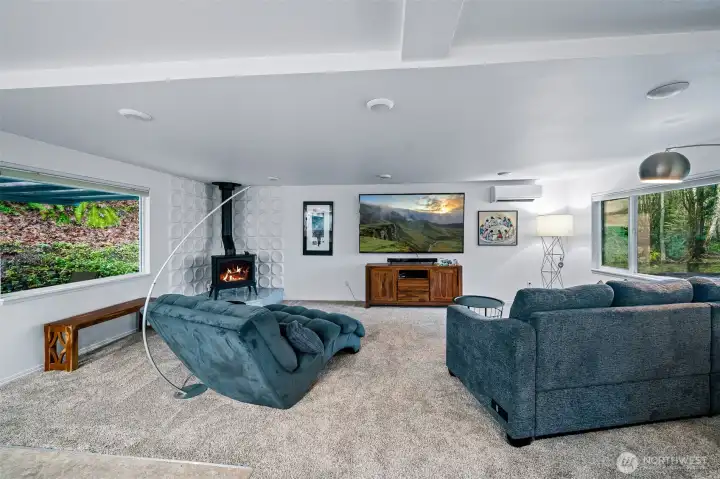 This cozy propane fireplace is on a remote and will keep you toasty on the coldest winter day