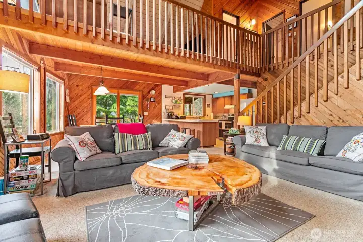 Open social living, dining & kitchen area