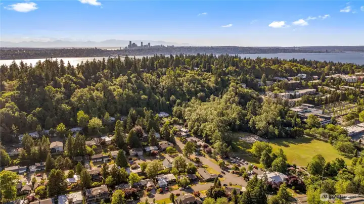 This sweeping west-facing aerial highlights the home just one house up from the bottom-center house, placing it only steps from Mercerdale Park’s trails and open lawns.