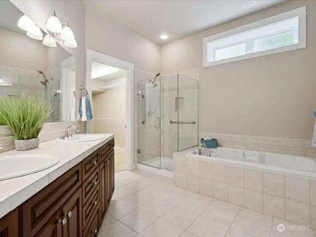 Primary bathroom with walk in shower and tub