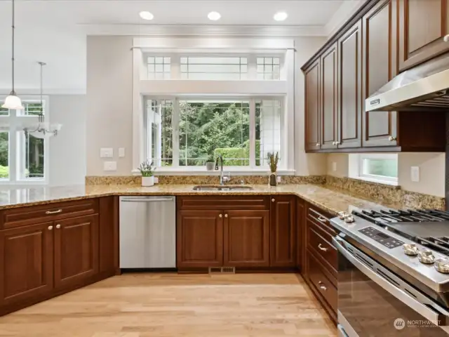 Granite countertops and gorgeous wood cabinets set this space.