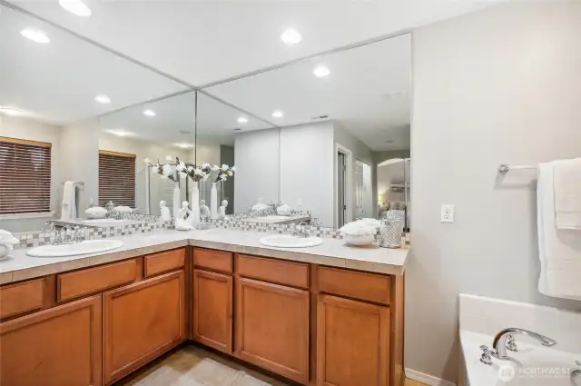 Luxurious primary bath boasts a dual sink vanity, soaking tub, and dual walk-in closets.