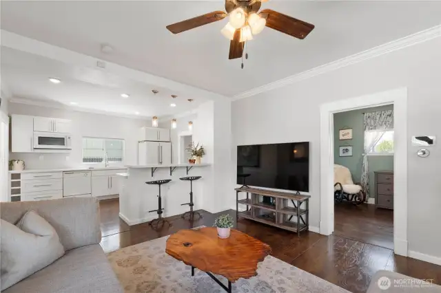 Living room, kitchen and bedroom