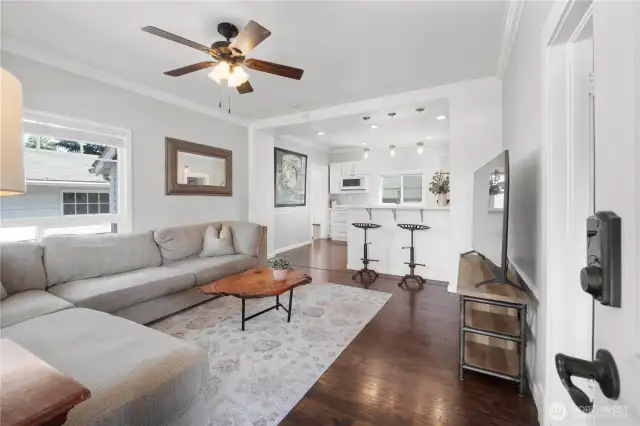 Through front door into Living room and kitchen