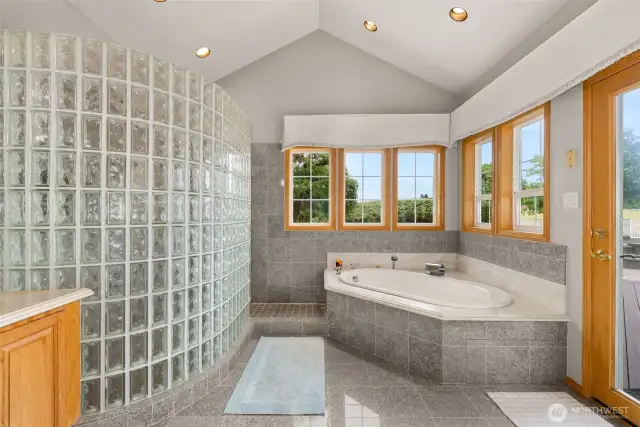Jetted tub in the primary suite with an abundance of natural lighting, private access to hot tub and pool and sweeping pasture views.