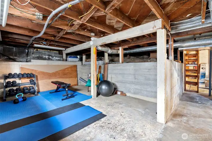 Unfinished basement with plenty of room for an at home gym