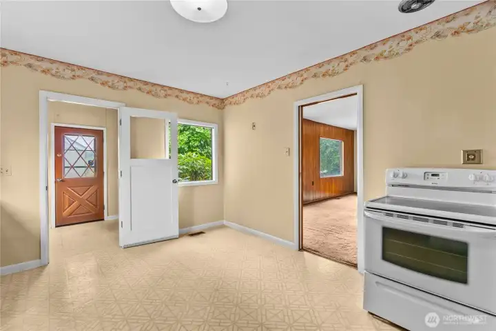 Front door on the left, Family room on the right.