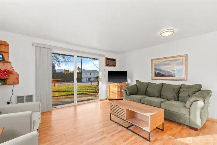 The west-facing slider opens to the patio, and there are no steps anywhere in or around the unit, offering fully step-free living.