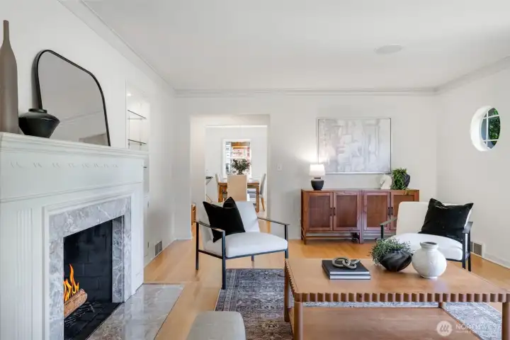 Gleaming hardwood floors and plaster walls