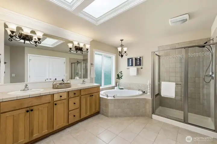Primary bath with soaking tub and shower