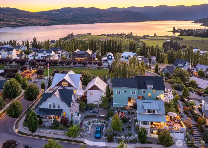 Aerial view of home looking west over Lake Chelan and the Lookout's Hilltop Park.