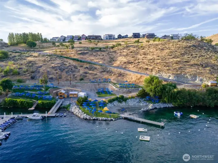 Aerial view of The Lookout's private marina and waterfront.