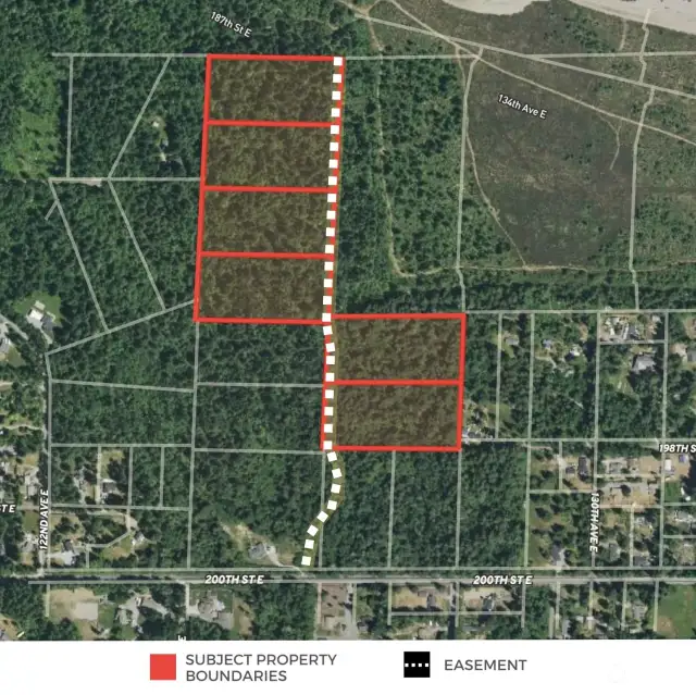 Birdseye view of the subject offering. Approximate boundaries in red and approximate location of easement in white.