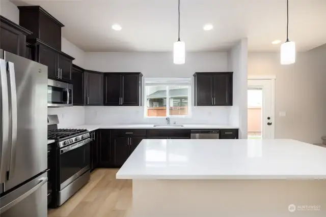 Quart countertops in the kitchen.