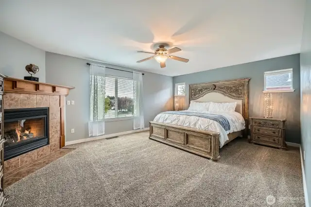 Master Suite with fireplace large window with view