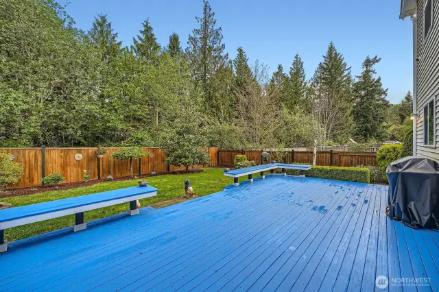 Spacious deck that extends the entire length of the house with bench seating all along the deck fully fenced yard freshly painted with Thompson water seal