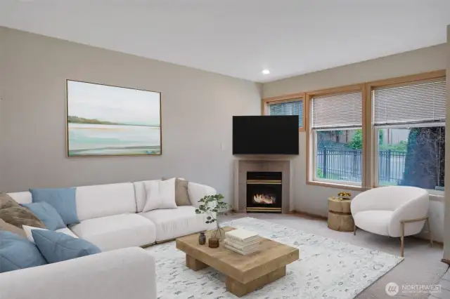 The corner fireplace adds warmth and ambiance to the room. This photo has been virtually staged.