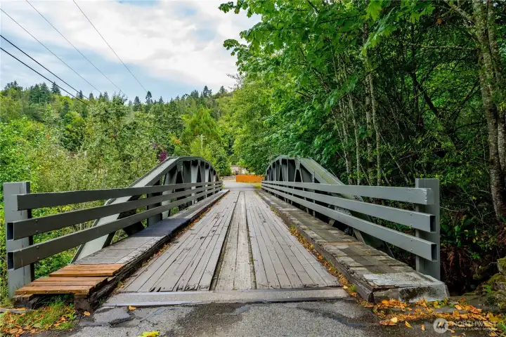 Charming wooden bridge with steel railings providing access from the property to the primary street. Surrounded by lush greenery, this scenic entryway offers both character and privacy while connecting the home to the main road. A unique feature that enhances the property’s sense of seclusion and natural setting.