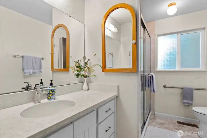 Main Bath upstairs with walk in shower