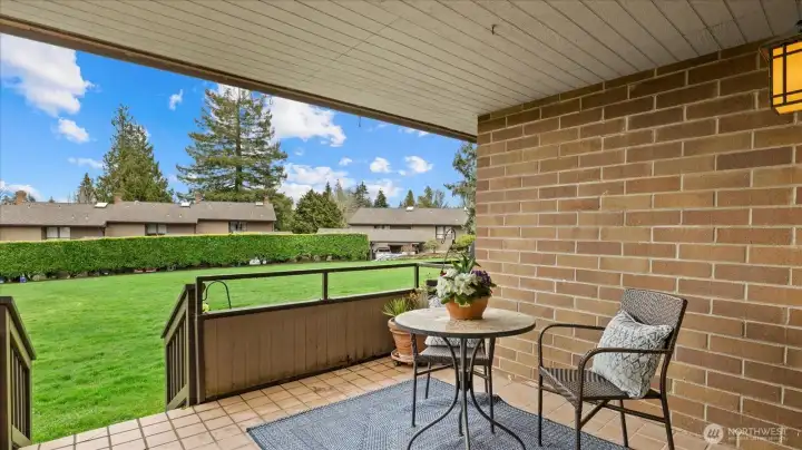 Covered patio, large enough for summer dinners outside. Pleasent open areas.