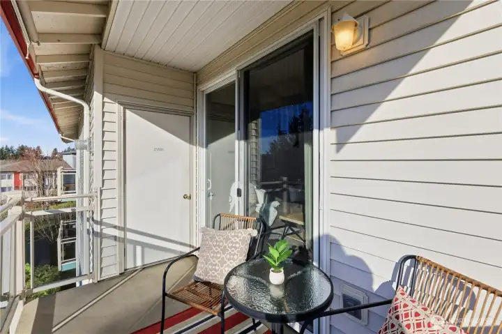 Private deck perfect for morning coffee or evening relaxation and a door to more storage space