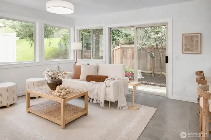 The floorplan of the home is open, flowing  w/really great places and spaces to imagine living so many ways. The greatroom, adjacent to the newly remodeled kitchen w/counter space seating is ideal for gatherings galore, quiet morning reading....evening TV and/or play space for all!  The patio is fully fenced, private and perfect in size.  ALL new interior paint...this home is simply perfect and move-in ready!