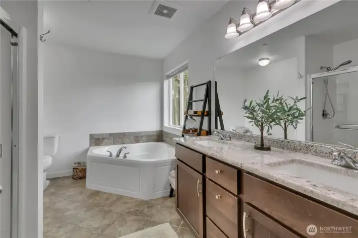 Master bath, soaker tub, double sinks, superset shower. Walk in closet is amazing!