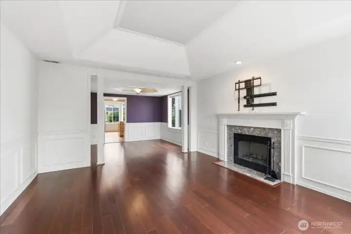 View from bay window towards the dining room and kitchen.