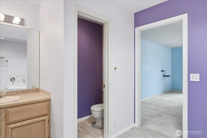 Opposite view of the primary bathroom with skylight.