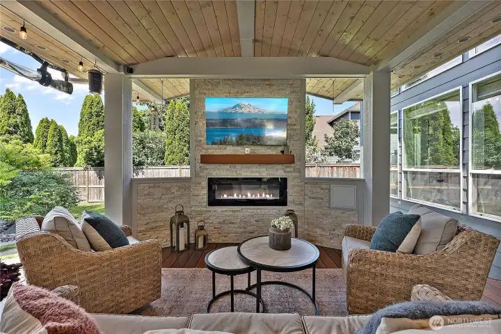 Fully covered deck with gas fireplace and so much room