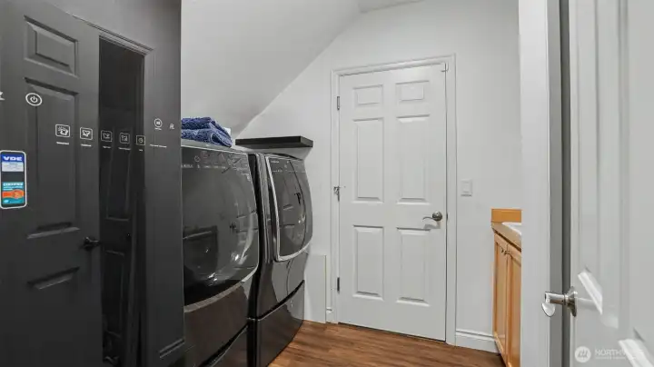 Main floor laundry room with utility sink and clothes steamer.