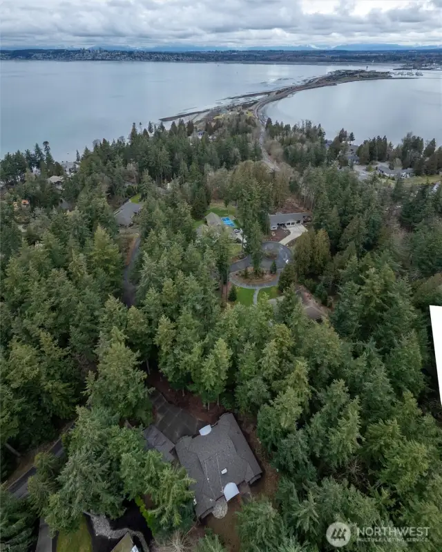 Aerial view of home looking to Salish sea