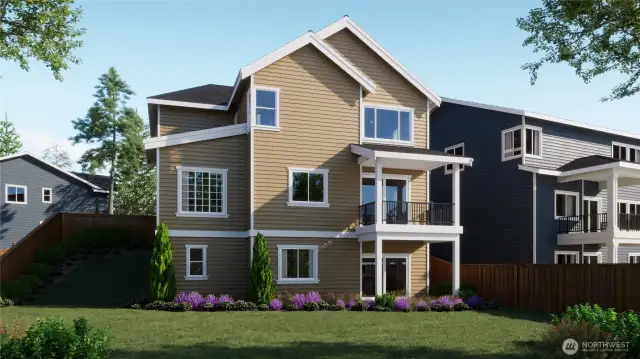 Wetlands and large private rearyard. Rear view picture of back of home & yard.  Covered deck going in on main level plus a patio on lower level. Pic is rendering of home and not actual home.