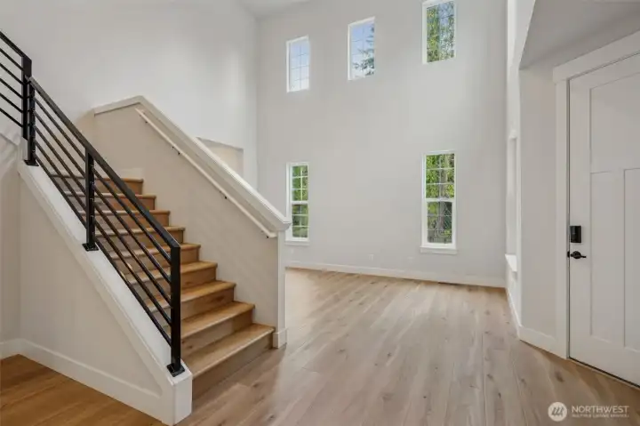 Beautiful entry, soaring ceiling at entry & living room.  Gorgeous metal railing.  LVP on entire main level and at upper stairs and hall