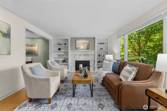 A beautiful living room with a cozy gas fireplace.