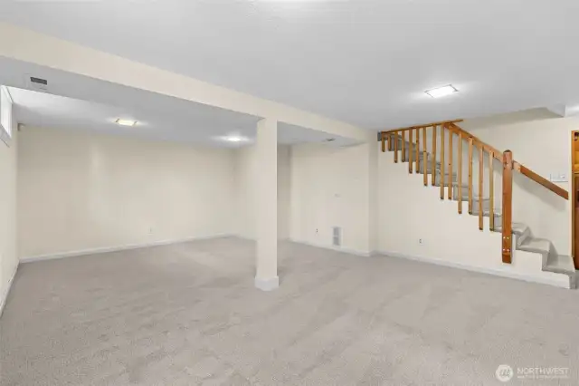 Large basement area with new carpet.