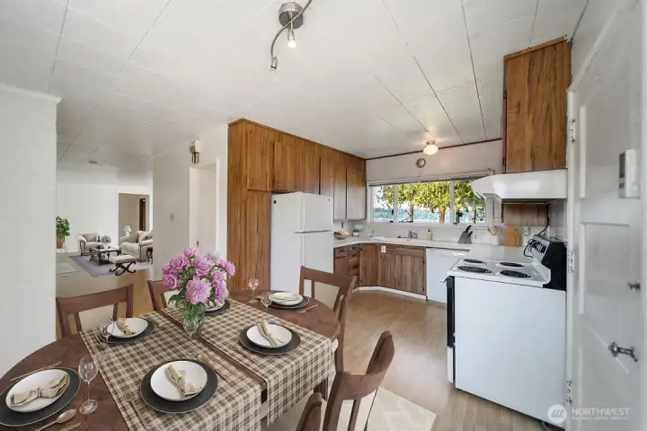 Dining area, virtually staged.