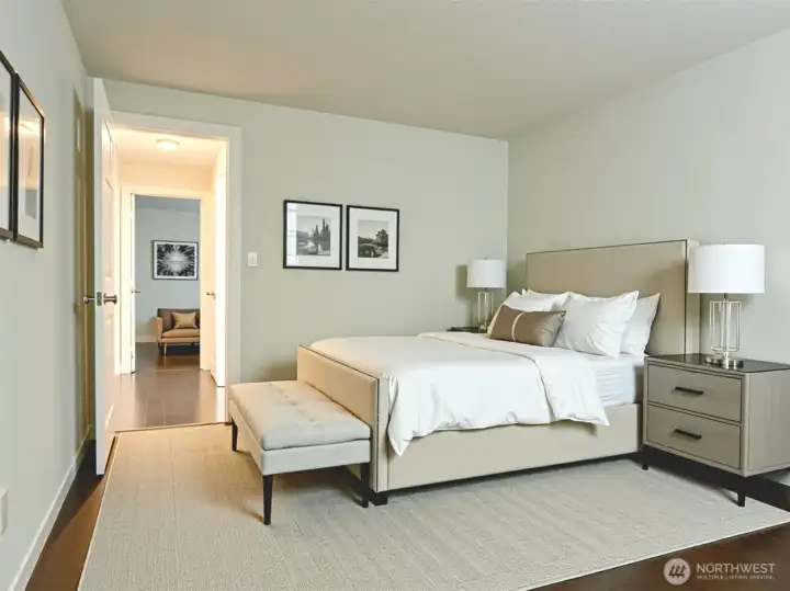 Virtually staged primary bedroom