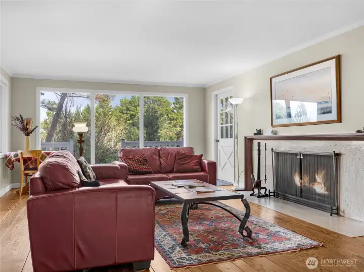 Living room (upstairs) with ocean and territory views and fireplace.