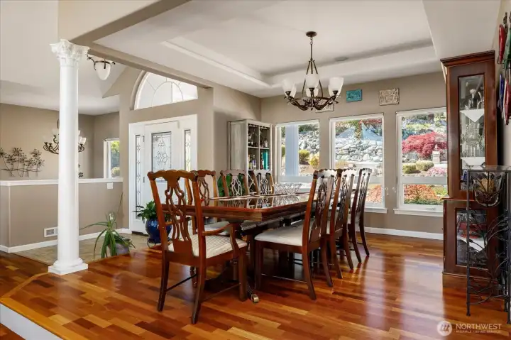 The dining room, with its coffered ceilings offers up the perfect place to host a grand meal.