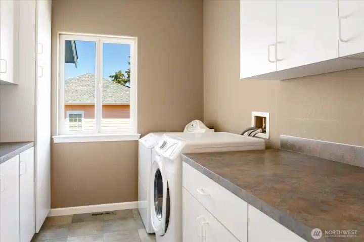 Spacious laundry room and pantry, just off the kitchen and garage.