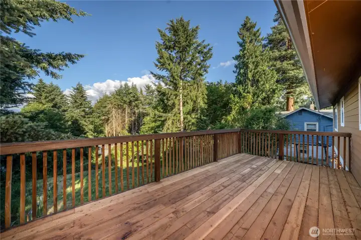 Refreshed deck overlooks expansive yard Refreshed deck overlooks expansive yard