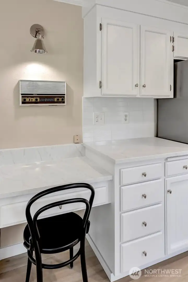 The integrated kitchen desk would also make a great coffee and tea station.