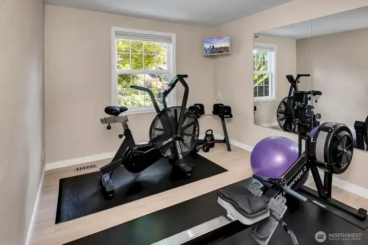 This room is currently used as a home gym but offers versatile potential as a dedicated home office or guest bedroom.