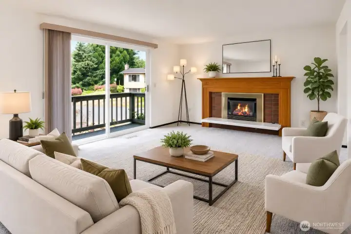 The fireplace is the focal point in this spacious living room with access to the deck. All new interior paint and carpet! *Virtually staged* The fireplace is the focal point in this spacious living room with access to the deck. All new interior paint and carpet! *Virtually staged*
